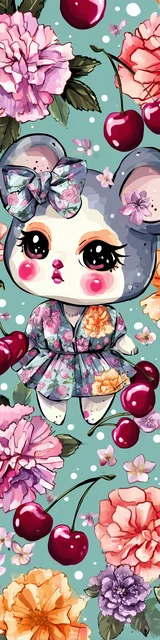 Free kawaii bookmark featuring a kawaii mouse with cherries and flowers